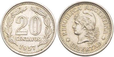 Аргентина 20 сентаво 1957 голова Свободы влево KM 55 сталь плакированная никелем 4514-924