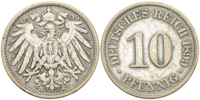 ГЕРМАНИЯ 10 ПФЕННИГОВ 1899 А KM 12, J. 13 медно-никель 4523-257