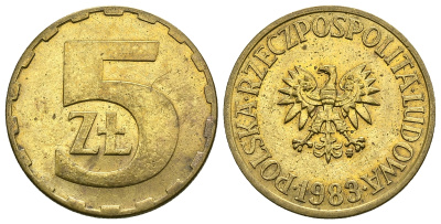 ПОЛЬША 5 ЗЛОТЫХ 1983 MW KM 81.1 латунь 4385-734