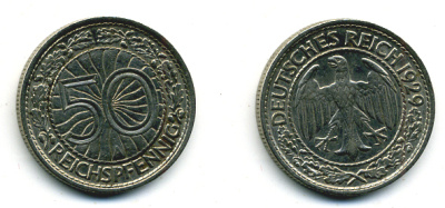 Германия 50 рейхспфеннигов 1929 А KM 49, J. 324 никель 58-522