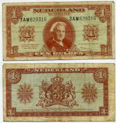 Нидерланды 1 гульден 1945 18 мая 1945, Вильгельмина	Pick 70 бумага 450-58-3