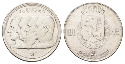 Бельгия 100 франков 1950 Леопольд III (1934-1950), Belgique KM 138 серебро 1519-831