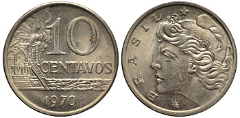 БРАЗИЛИЯ 10 СЕНТАВО 1970 НЕФТЕПЕРЕГОННЫЙ ЗАВОД KM 578.2 медно-никель VF 4182-427