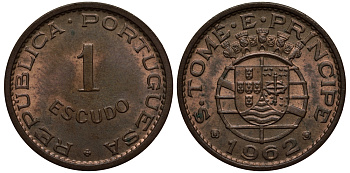 Португальское Сан-Томе и Принсипи 1 эскудо 1962 первый год KM 18 бронза UNC 00-00