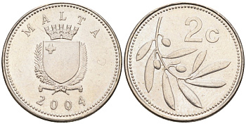 Мальта 2 цента 2004 оливковая ветвь KM 94 медно-никель 192-625