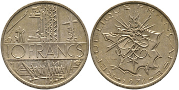 Франция 10 франков 1976 тип Матье KM 940, Le Franc 365.7-8 никель латунь 65-1033