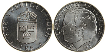 Швеция 1 крона 1991 Карл XVI Густав (1973- ) KM 852a медно-никель UNC 4179-1234