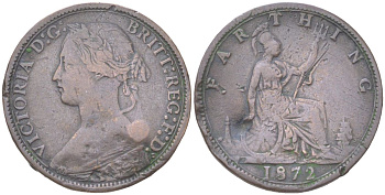 Великобритания 1 фартинг 1872 Виктория (1837-1901) KM 747.2, Spink 3958 бронза 4613-426