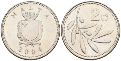 Мальта 2 цента 2004 оливковая ветвь KM 94 медно-никель 192-625