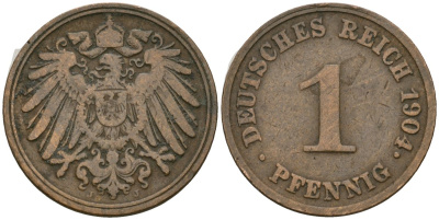 Германия 1 пфенниг 1904 J, Вильгельм II (1888-1918) KM 10, J. 10 медь 4608-245