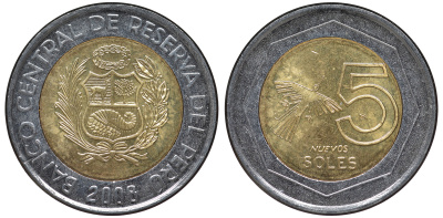 Перу 5 новых солей 2008 KM 316 биметалл aUNC 4605-357