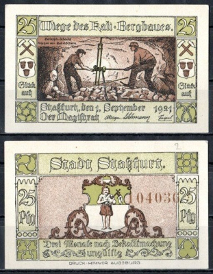 Штасфурт (Пруссия, Саксония) 25 пфеннигов 1921 Mehl Grabowski 1256.2b-6/6 бумага UNC (пресс) 7556-68-1-1
