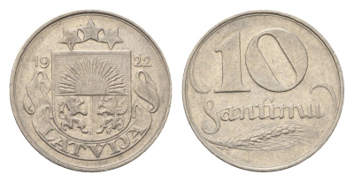 Латвия 10 сантимов 1922 год-тип KM 44 никель 4689-811