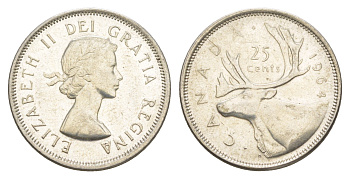 Канада 25 центов 1964 Елизавета II (1952-2022), олень KM 52 серебро aUNC 4631-916
