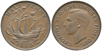 Великобритания 1/2 пенни 1950 Георг VI (1936-1952) KM 868, Spink 4118 бронза 34-226
