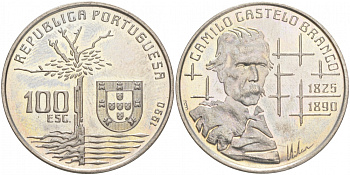Португалия 100 эскудо 1990 100 лет со дня смерти Камилу Каштелу Бранку KM 656 медно-никель  UNC   M31-21