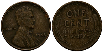 США 1 цент 1945 Линкольн KM A132 медь цинк 4164-845