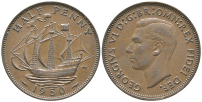 Великобритания 1/2 пенни 1950 Георг VI (1936-1952) KM 868, Spink 4118 бронза 34-226