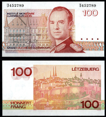 Люксембург 100 франков 1993 великий герцог Жак, вид города, серия U Pick 58 b бумага UNC (пресс) 8603-25-3-1