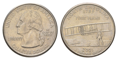 США 25 центов (квотер, 1/4 доллара) 2001 P, Квотер штата Северная Каролина KM 319 медь плакированный медно-никелем UNC 4628-1145