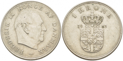Дания 1 крона 1963 C;S, Фредерик IX (1947-1972) KM 851 медно-никель 213-1215
