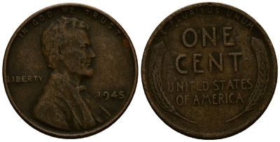 США 1 цент 1945 Линкольн KM A132 медь цинк 4164-845