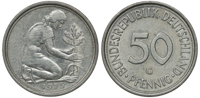 ФРГ 50 ПФЕННИГОВ 1975 G, KM 109.2, J. 384 медно-никель aUNC 72-1058