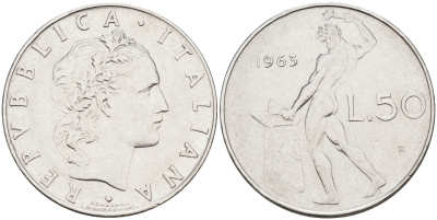 Италия 50 лир 1963 R, бог огня Вулкан у наковальни KM 95.1 нержавеющая сталь 4595-355