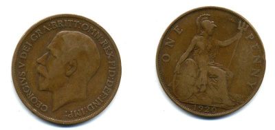 Великобритания 1 пенни 1920 Георг V (1910-1936) КМ 810, Spink 4051 бронза 47-416