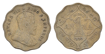 Британская Индия 1 анна 1910 Эдуард VII (1901-1910) KM 504 медно-никель    1529-443