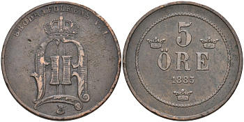 Швеция 5 эре 1883 Оскар II (1872-1907) король Швеции и Норвегии KM 736 бронза 4557-516