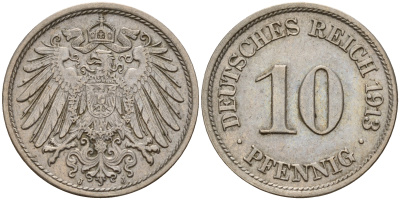 Германия 10 пфеннигов 1913 J KM 12, Jager 13, Weege 8 медно-никель    4603-736