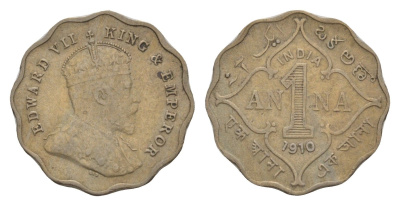 Британская Индия 1 анна 1910 Эдуард VII (1901-1910) KM 504 медно-никель    1529-443