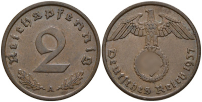 Германия 2 рейхспфеннига 1937 A KM 90, J. 362 бронза 4147-1253