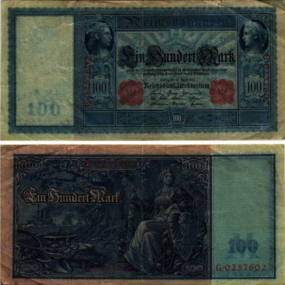 ГЕРМАНИЯ 100 МАРОК 1910 21 АПРЕЛЯ 1910, КРАСНАЯ ПЕЧАТЬ Pick 42 бумага 8606-27-2-2