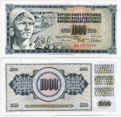 Югославия 1000 динаров 1978 крестьянка Pick 92 c  бумага  UNC (пресс) 435-30-3-1
