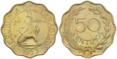 Парагвай 50 сентимо 1953 лев, фригийский колпак на шесте KM 28 алюминиевая бронза  aUNC  4177-633
