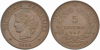 ФРАНЦИЯ 5 САНТИМОВ 1888 A, ТРЕТЬЯ РЕСПУБЛИКА (1871-1940) KM 821.1, LE FRANC 118.31 бронза 108-733