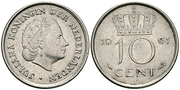 НИДЕРЛАНДЫ 10 ЦЕНТОВ 1961 ЮЛИАНА KM 182 никель 96-462