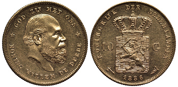 Нидерланды 10 гульденов 1886 Виллем III KM 106 золото UNC 00-808-03