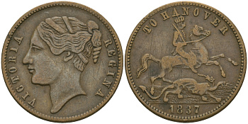 АНГЛИЯ ЖЕТОН, ТОКЕН 1837 КОРОЛЕВА ВИКТОРИЯ, ГАННОВЕР, ДИАМЕТР 21,5 ММ. бронза 98-834