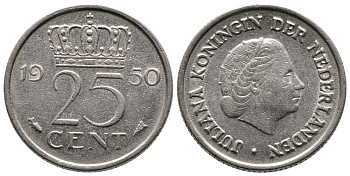НИДЕРЛАНДЫ 25 ЦЕНТОВ 1950 ЮЛИАНА KM 183 никель 75-1116