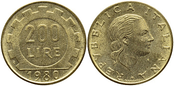 Италия 200 лир 1980 R, шестерня KM 105 алюминиевая бронза 4397-544