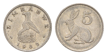 Зимбабве 5 центов 1989 рыжий кролик KM 2 медно-никель 4655-747