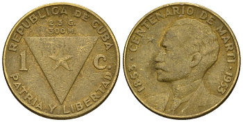 Куба 1 сентаво 1953 100 лет со дня рождения Хосе Марти KM 26, JMA 7, Y 20, Schoen 24 латунь 4115-236