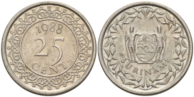 Суринам 25 центов 1988 KM 14 медно-никель aUNC 4174-821