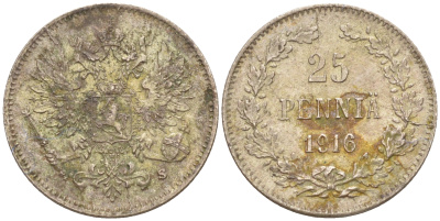 Россия для Финляндии 25 пенни 1916 S, Николай II (1894-1917) KM 6.2, Биткин 421 серебро 63-369