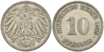 ГЕРМАНИЯ 10 ПФЕННИГОВ 1903 А KM 12, J. 13 медно-никель 210-642