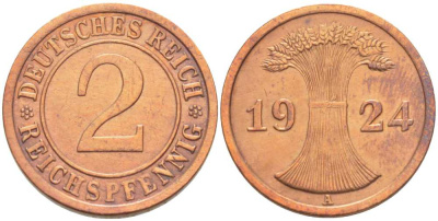 ГЕРМАНИЯ 2 РЕЙХСПФЕННИГА 1924 А KM 38, J. 314 бронза 206-1117