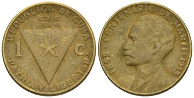 Куба 1 сентаво 1953 100 лет со дня рождения Хосе Марти KM 26, JMA 7, Y 20, Schoen 24 латунь 4115-236